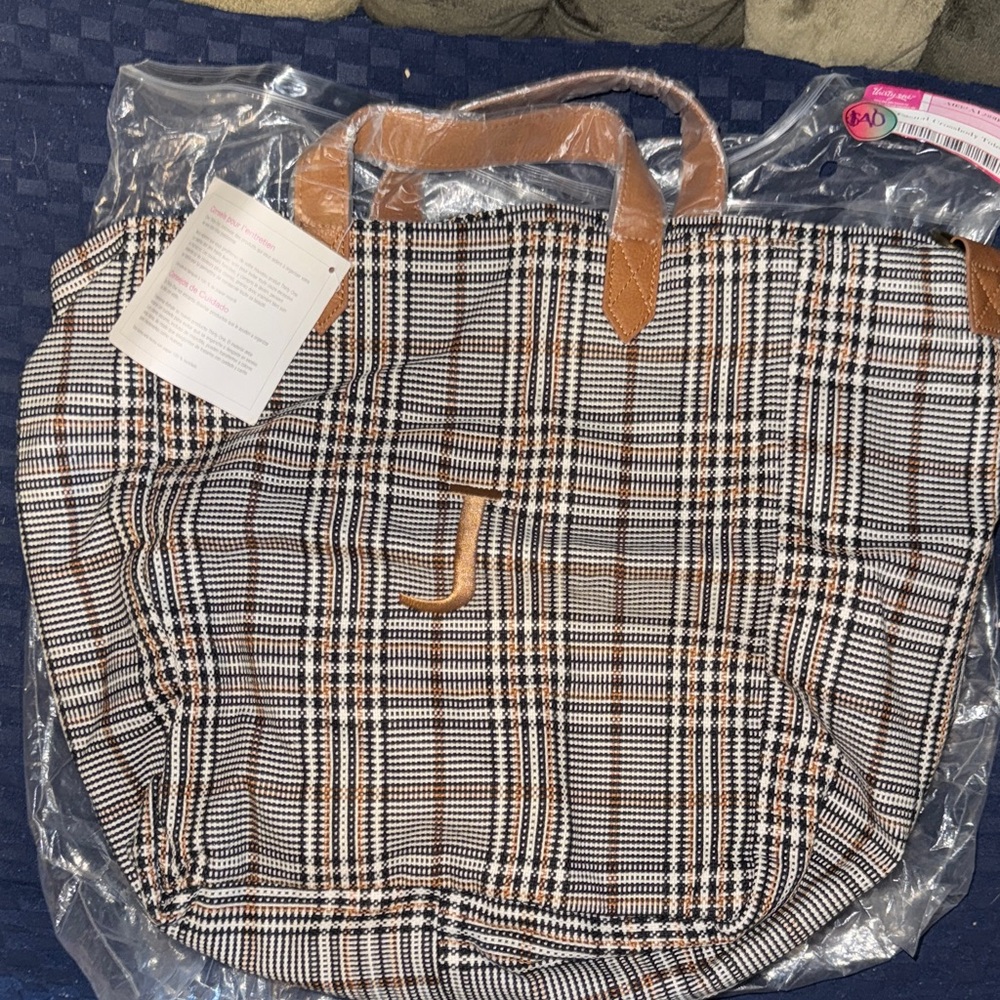 Thirty-One Plaid Tote with Brown Handles